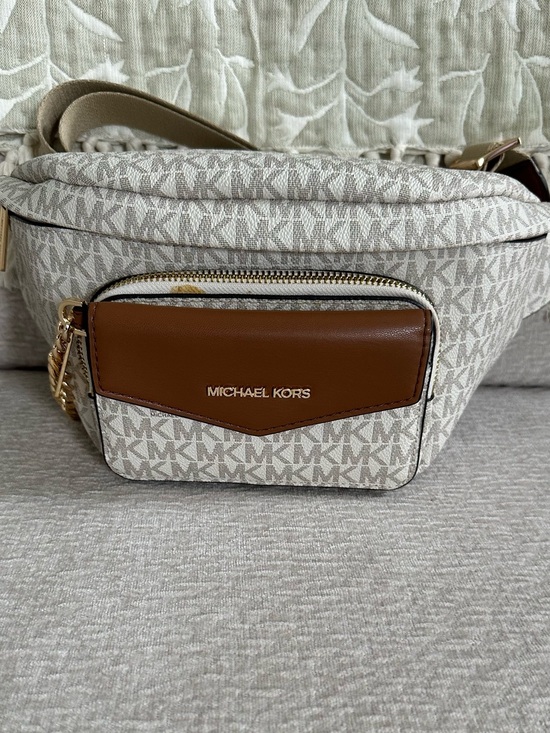 Michael Kors Handbags - Michael Kors Cream MK Logo Belt Bag with Brown Trim and Gold Hardware